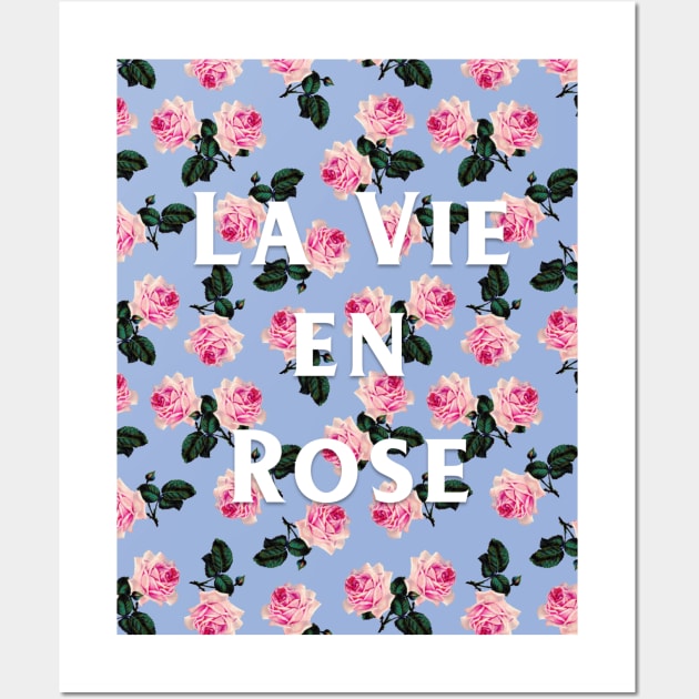 La Vie En Rose on blue - pink scattered vintage roses on blue Wall Art by bettyretro